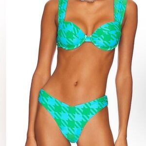 REVOLVE Claudia Bikini XS Aqua & Kelly Green Houndstooth WEWOREWHAT Swim SOLDOUT